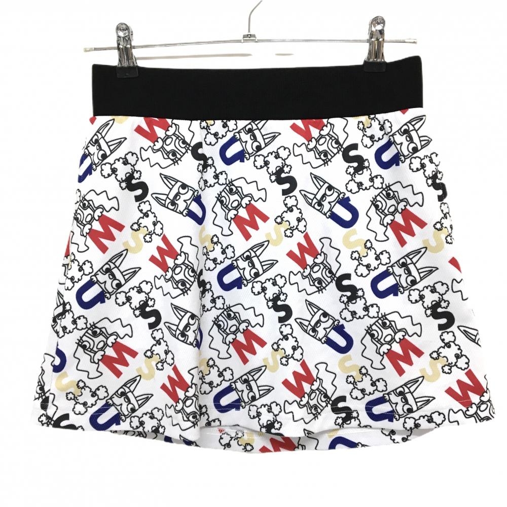 【美品】MUスポーツ スカート 白×黒×レッド 総柄 ウエストゴム ストレッチ レディース 42(L) ゴルフウェア M・U SPORTS