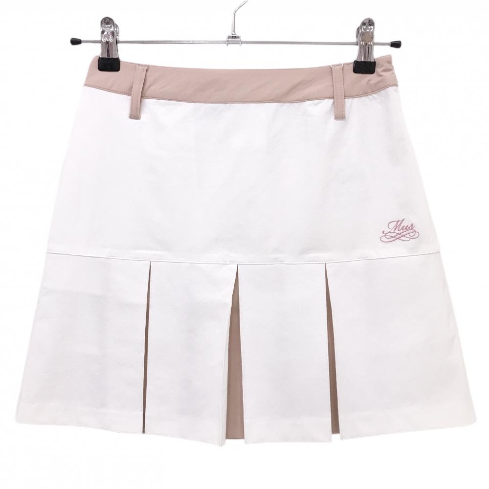 【新品】MUスポーツ プリーツスカート 白×ピンク バイカラー ボーンワッペン ストレッチ  レディース 40(M) ゴルフウェア M・U SPORTS