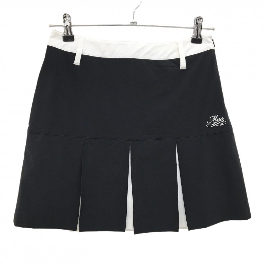 【新品】MUスポーツ プリーツスカート 黒×白 ボーンワッペン ストレッチ 冷感 撥水 レディース 42(L) ゴルフウェア M・U SPORTS