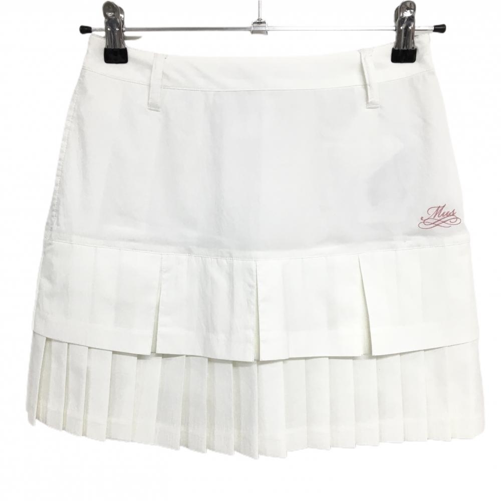 【新品】MUスポーツ プリーツスカート 白 ロゴピンク ボーンワッペン 2段プリーツ 裏地付き  レディース 44(XL) ゴルフウェア M・U SPORTS
