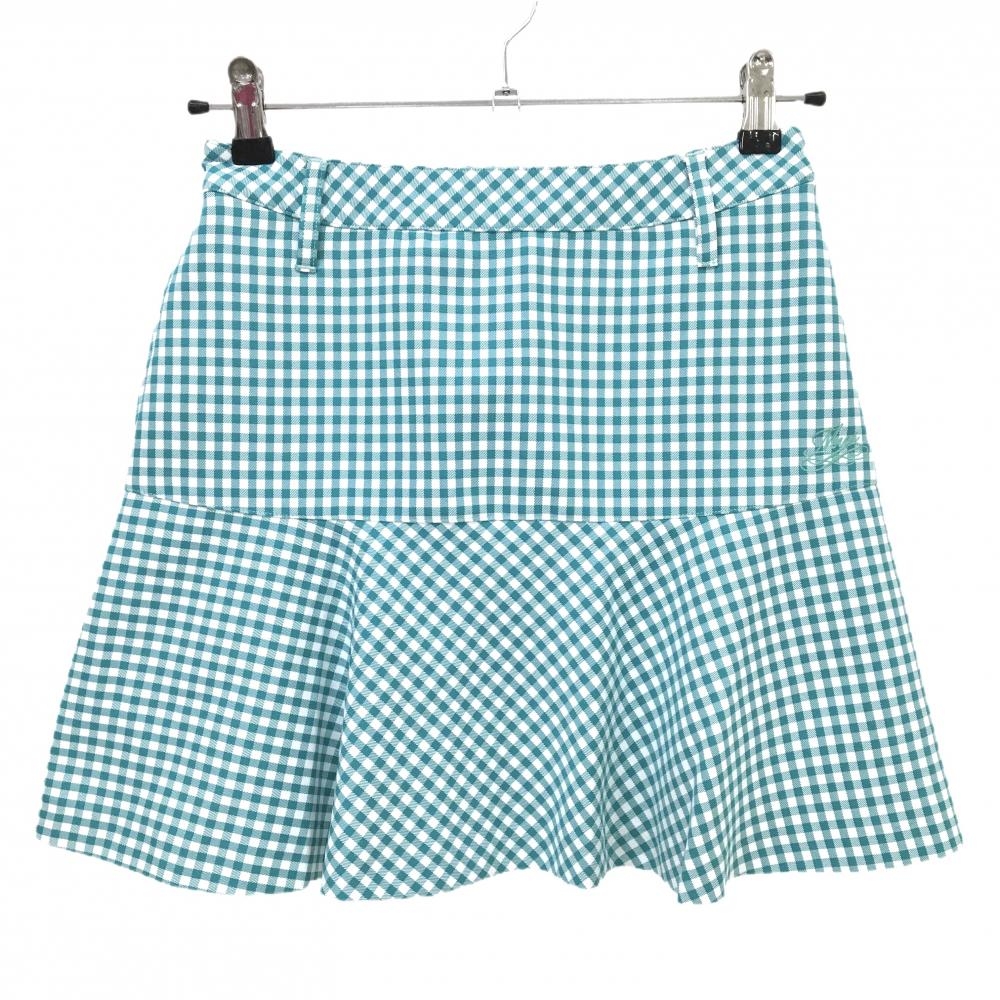 【新品】MUスポーツ スカート 白×グリーンブルー チェック柄 裏地付き ボーンワッペン 冷感 レディース 40(M) ゴルフウェア M・U SPORTS