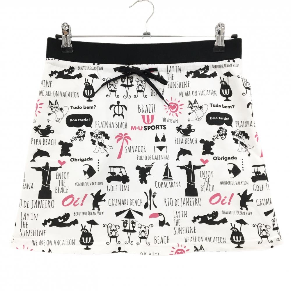 【美品】MUスポーツ スカート 白×黒 総柄 犬 ウエストゴム メッシュ裏地 レディース 40(M) ゴルフウェア M・U SPORTS