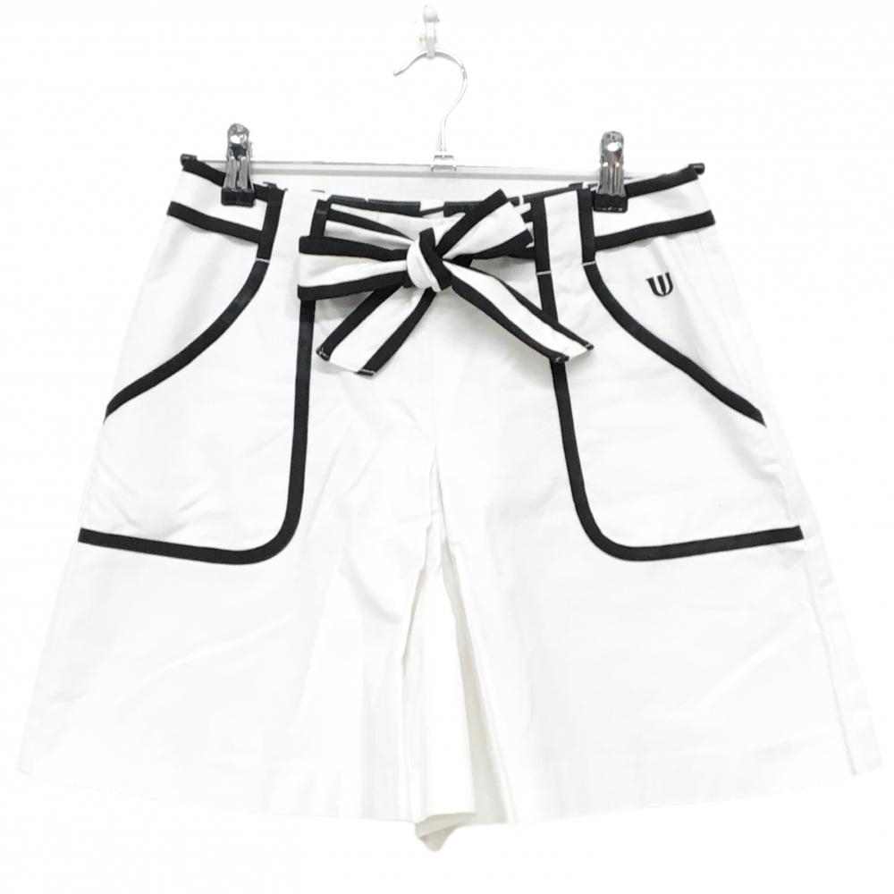 MUスポーツ キュロットスカート 白×黒 共布ベルト付き ロゴ刺しゅう レディース 40(M) ゴルフウェア M・U SPORTS