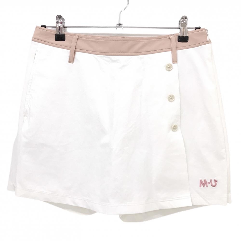 【新品】MUスポーツ キュロットスカート 白×ピンク バイカラー 裾ロゴ ボーンワッペン  レディース 44(XL) ゴルフウェア M・U SPORTS