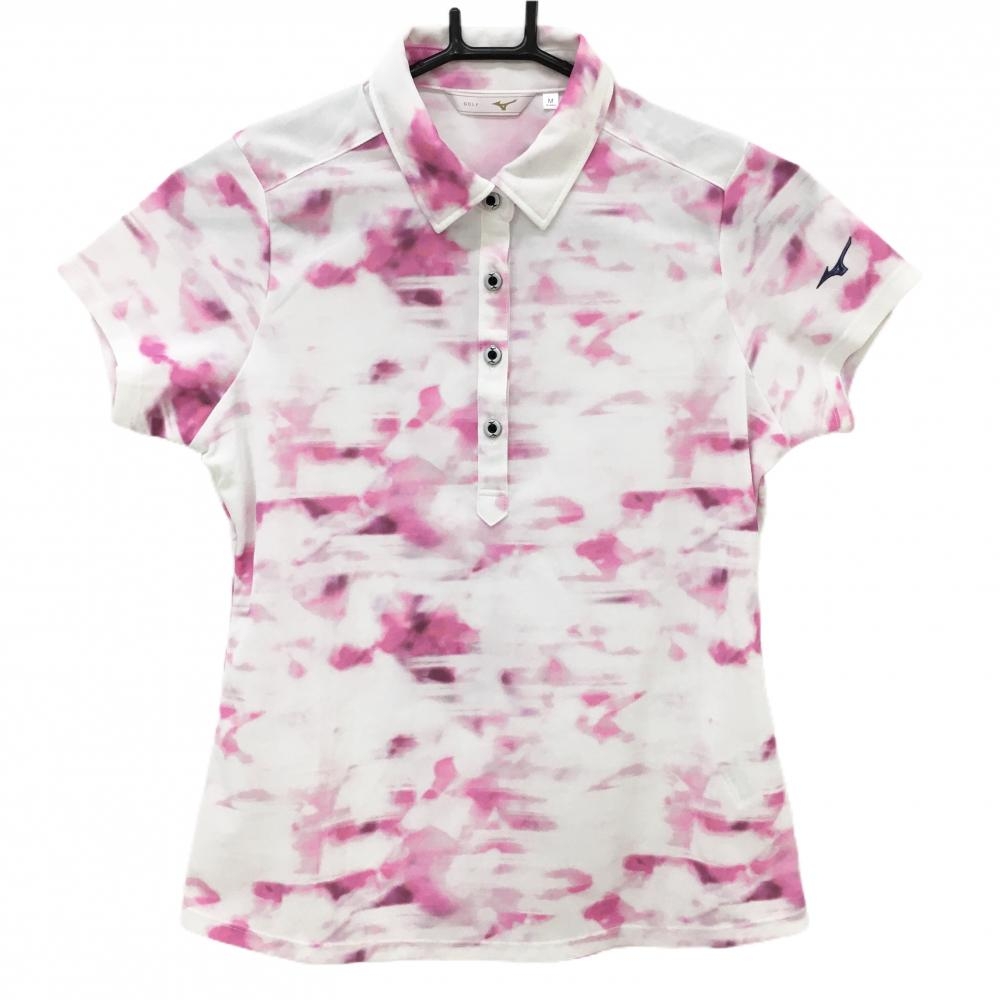 【超美品】ミズノゴルフ 半袖ポロシャツ 白×ピンク 総柄 袖ロゴ レディース M ゴルフウェア MIZUNO