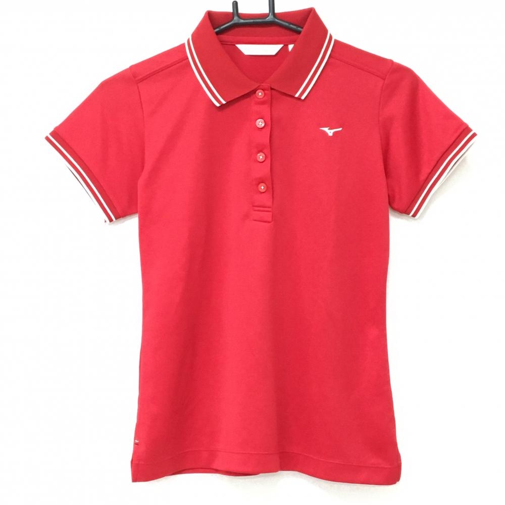 【超美品】ミズノ 半袖ポロシャツ レッド ロゴ刺しゅう 襟・袖口白ライン  レディース M ゴルフウェア MIZUNO