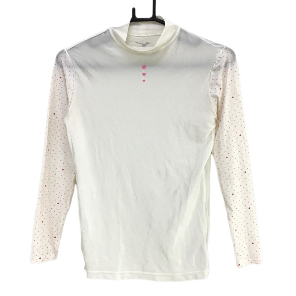 【超美品】ミズノ インナーシャツ 白×ピンク 袖ドット×ハート ハイネック レディース L ゴルフウェア MIZUNO