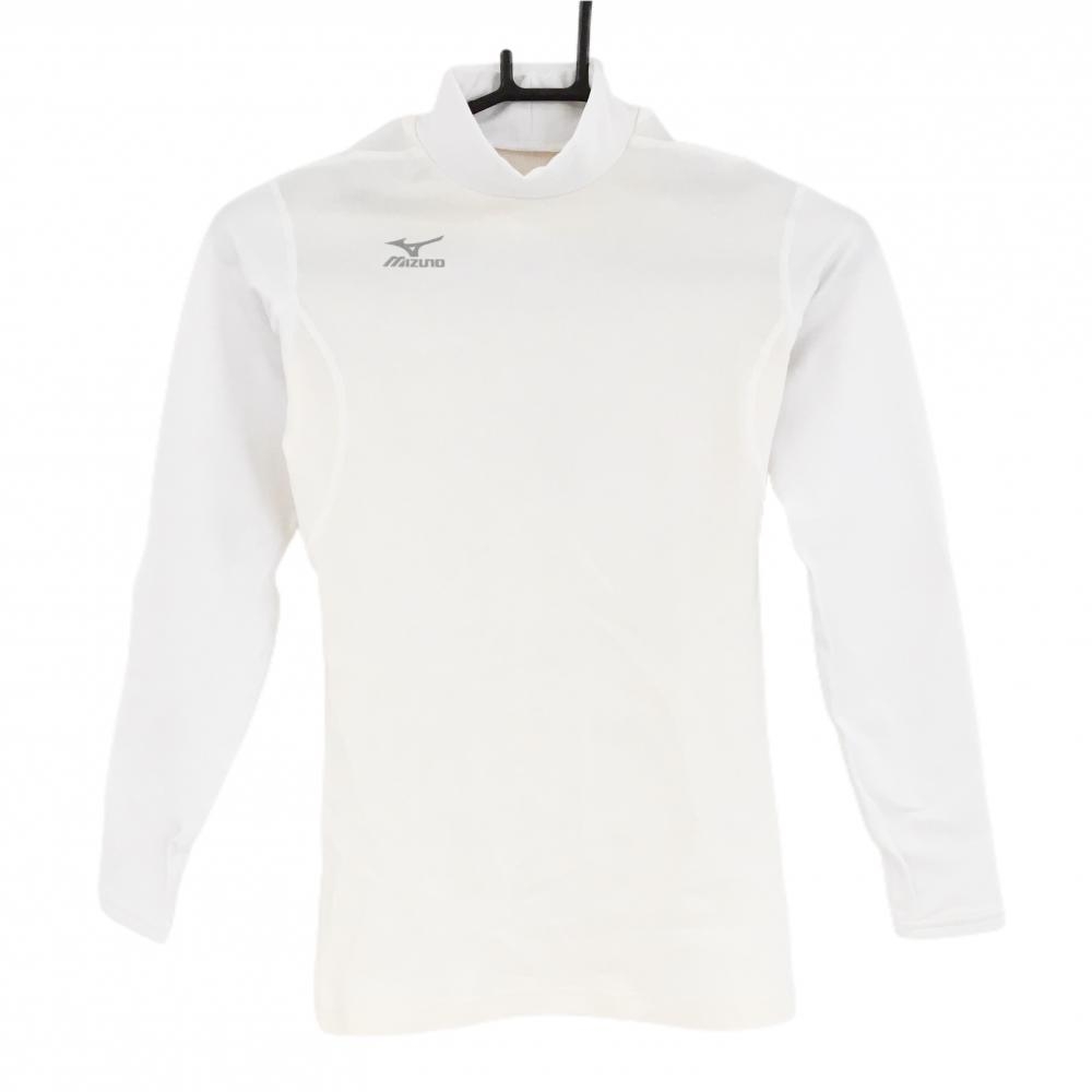 【美品】ミズノ ハイネックインナーシャツ 白×ライトピンク ロゴプリント 袖口汚れ小 レディース M ゴルフウェア MIZUNO