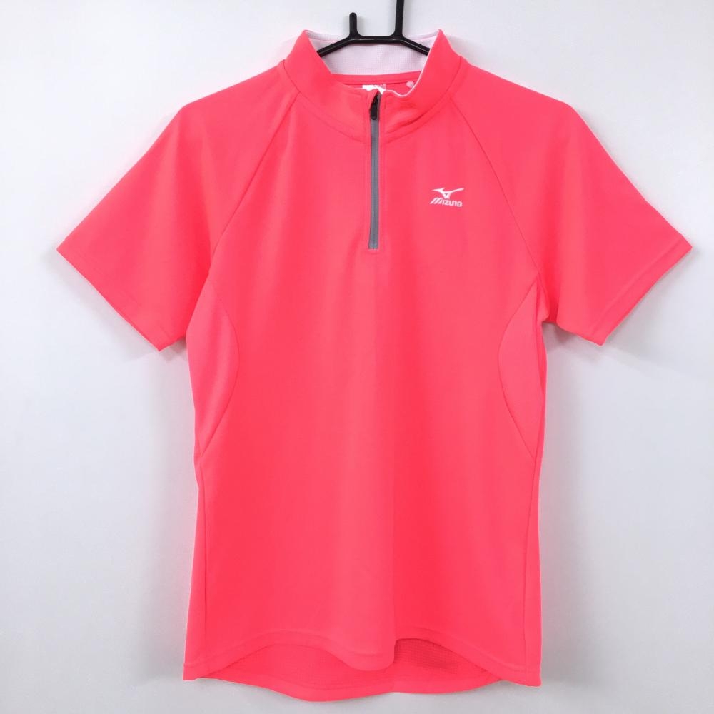 【超美品】ミズノ 半袖ハイネックシャツ 蛍光ピンク ハーフジップ 一部メッシュ レディース XL ゴルフウェア MIZUNO