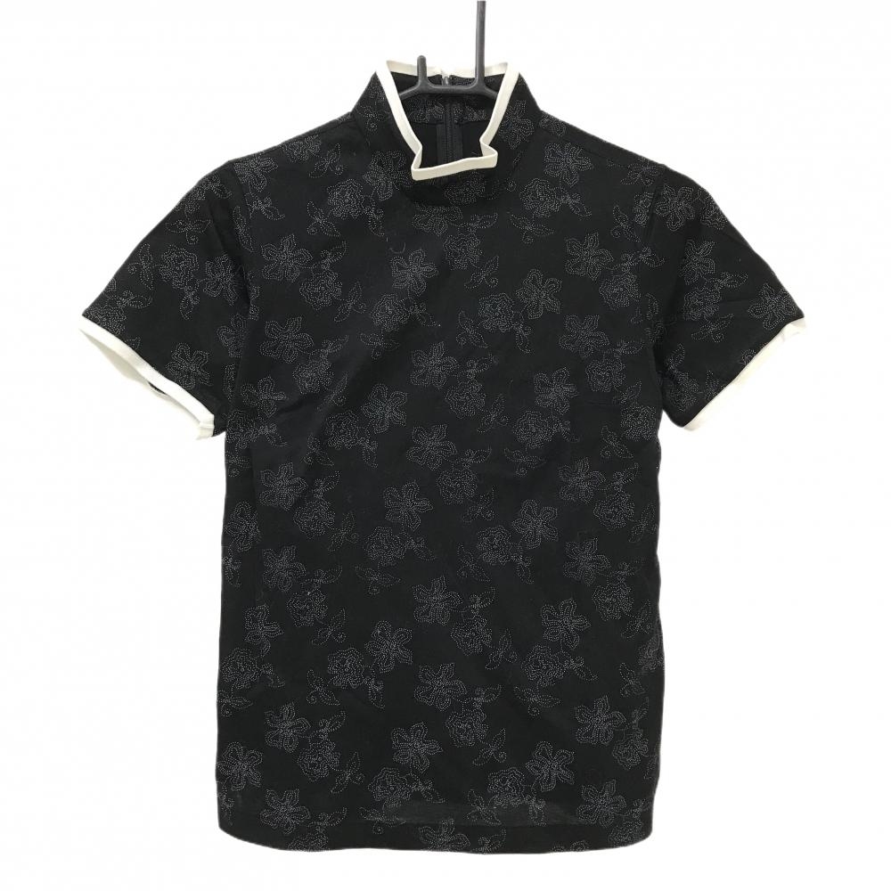 【美品】ミズノ 半袖ハイネックシャツ 黒×白 花柄 レディース M ゴルフウェア MIZUNO