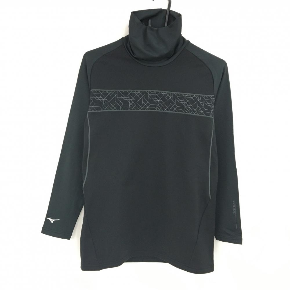 【超美品】ミズノゴルフ 長袖タートルネックシャツ 黒×ライトグレー フロント一部柄 裏微起毛 レディース M ゴルフウェア MIZUNO