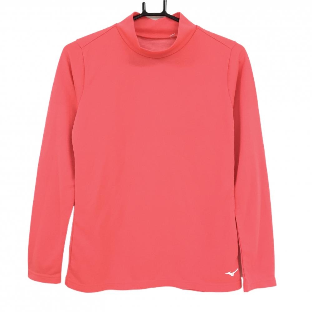 【美品】ミズノ 長袖ハイネックシャツ 蛍光ピンク ブレスサーモ混 裾ロゴ レディース L ゴルフウェア MIZUNO
