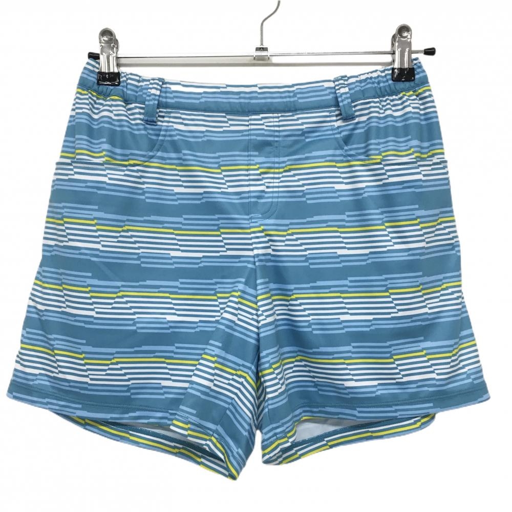 【新品】ミズノゴルフ ショートパンツ ライトブルー×白×イエロー ボーダー風 UVカット 吸汗速乾 レディース M ゴルフウェア MIZUNO