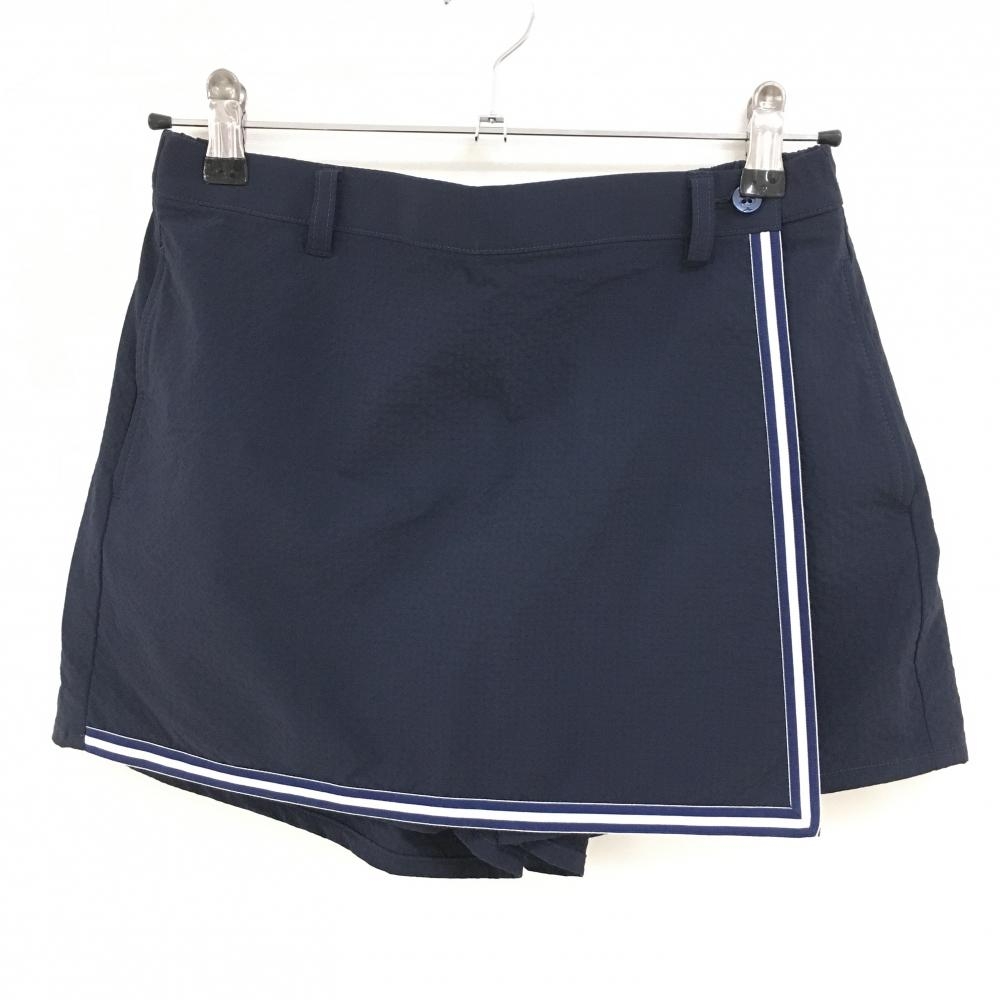 【超美品】ミズノゴルフ キュロットスカート ネイビー×白 サッカー生地 ウエストゴム ラップスカート風 レディース M ゴルフウェア MIZUNO