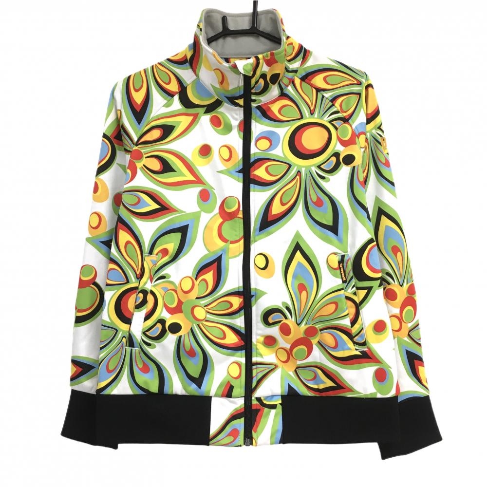 【超美品】ラウドマウス ジャケットブルゾン 白×ライトグリーン シャガデリックホワイト 裏起毛 レディース LL ゴルフウェア LOUDMOUTH