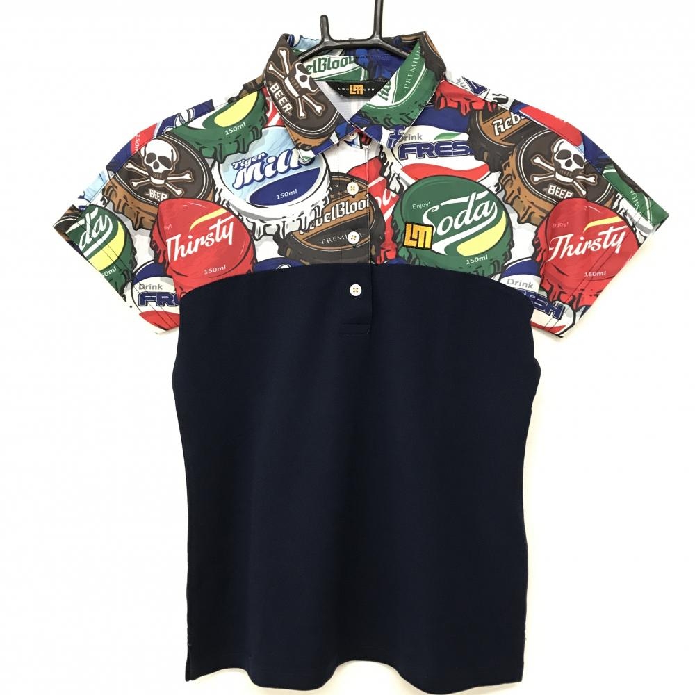 【美品】ラウドマウス 半袖ポロシャツ ネイビー×マルチカラー 上部ボトルキャップ総柄   レディース M ゴルフウェア LOUDMOUTH