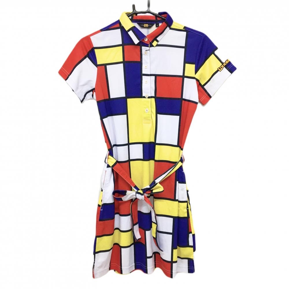 【新品】ラウドマウス 半袖ポロワンピース 白×イエロー×レッド ブロック柄風 ダッチトリート 接触冷感  レディース L ゴルフウェア LOUDMOUTH