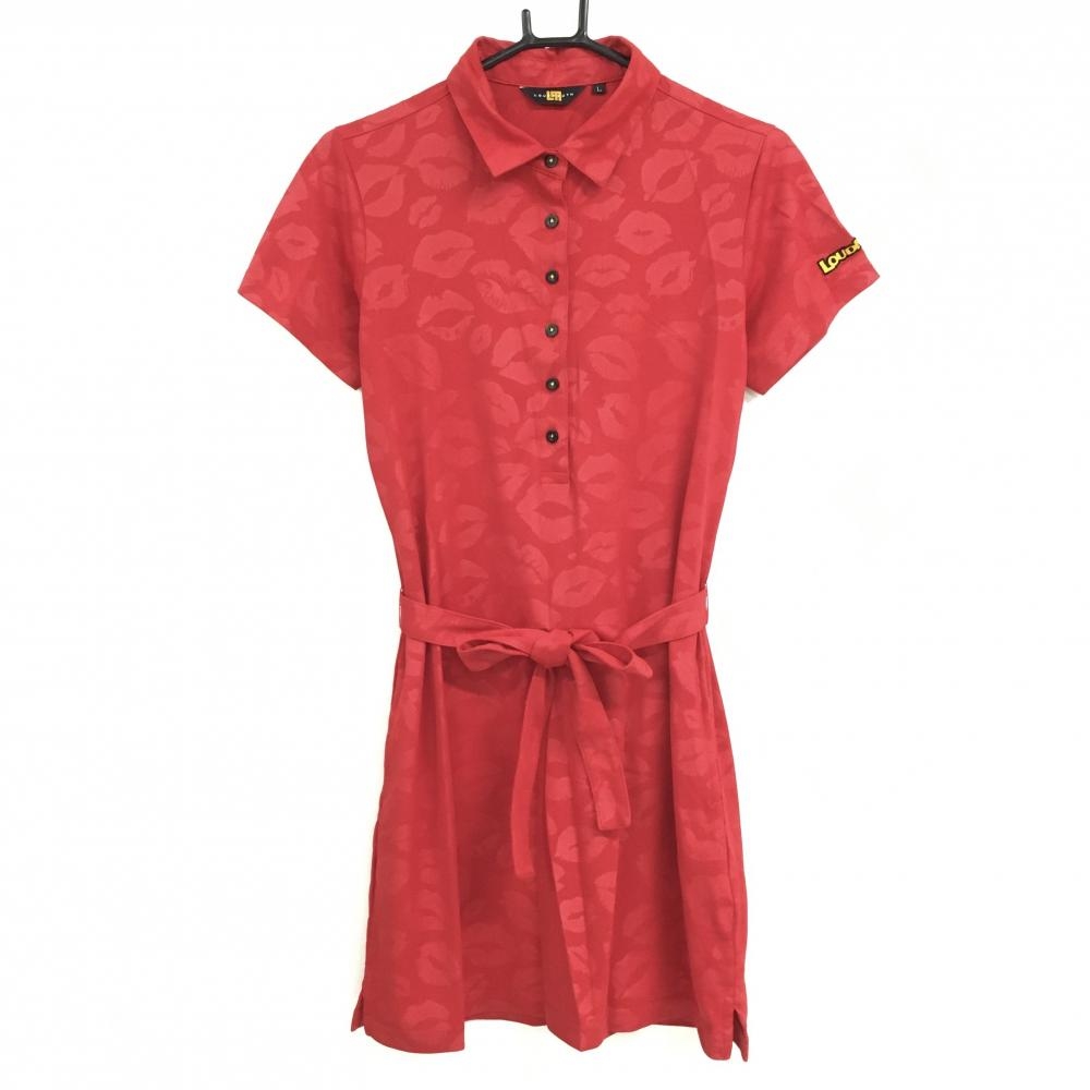 【超美品】ラウドマウス 半袖ポロワンピース レッド キスマーク地模様 共布ベルト付 レディース L ゴルフウェア LOUDMOUTH