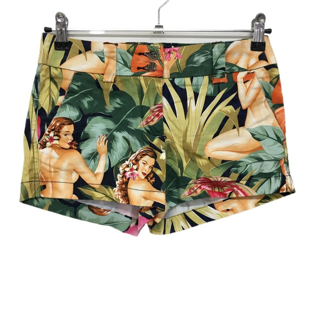 【超美品】ラウドマウス ショートパンツ グリーン×ベージュ 総柄 女性 リーフ  レディース USO(Ｍ) ゴルフウェア LOUDMOUTH