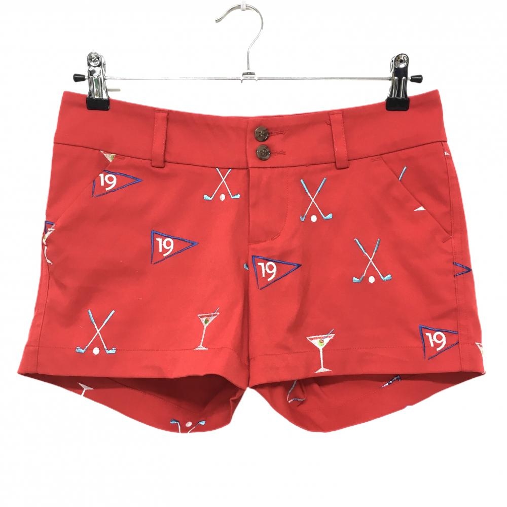 【超美品】ラウドマウス ショートパンツ レッド×マルチ 総柄 刺しゅう クラブ カクテル レディース L ゴルフウェア LOUDMOUTH