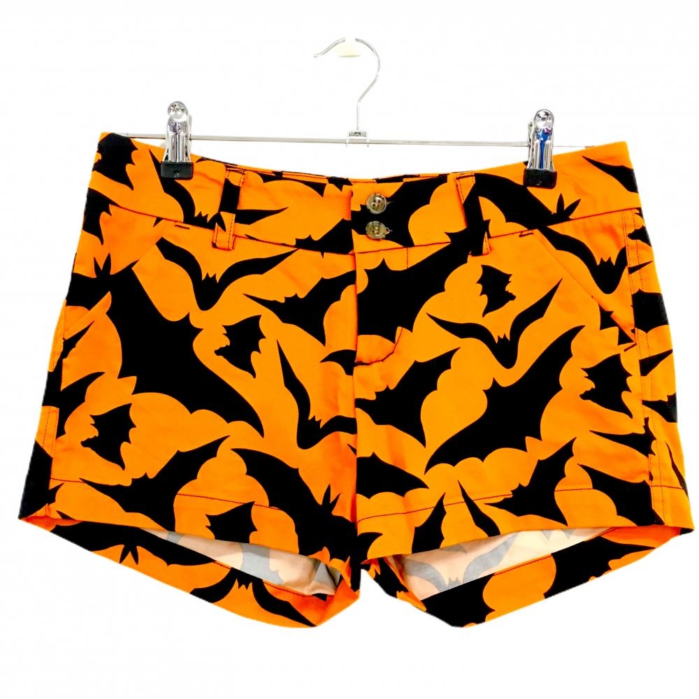 【超美品】ラウドマウス ショートパンツ オレンジ×黒 コウモリ柄 総柄  レディース 2(L) ゴルフウェア LOUDMOUTH