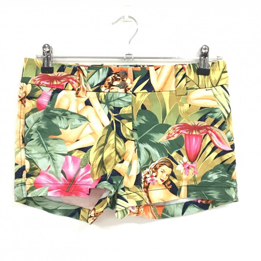 【超美品】ラウドマウス ショートパンツ グリーン×ベージュ 総柄 ハイビスカス レディー レディース US-2 ゴルフウェア LOUDMOUTH