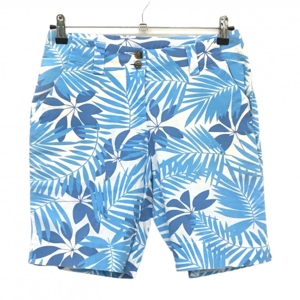 ラウドマウス ハーフパンツ 白×ライトブルー×ネイビー系 総柄 リーフ レディース US　2 ゴルフウェア LOUDMOUTH