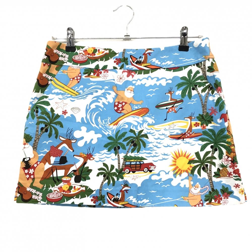 【超美品】ラウドマウス スカート ライトブルー×マルチカラー サーフィンサンタ柄 ヤシの木  レディース US-6 ゴルフウェア LOUDMOUTH