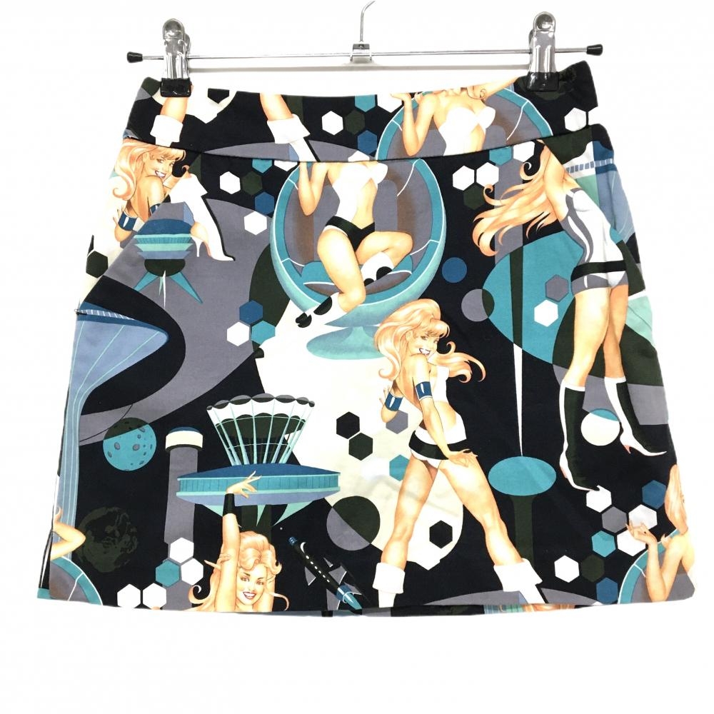 【美品】ラウドマウス スカート 黒×ベージュ×ブルーグリーン 女性柄 内側インナーパンツ レディース US 0 ゴルフウェア LOUDMOUTH