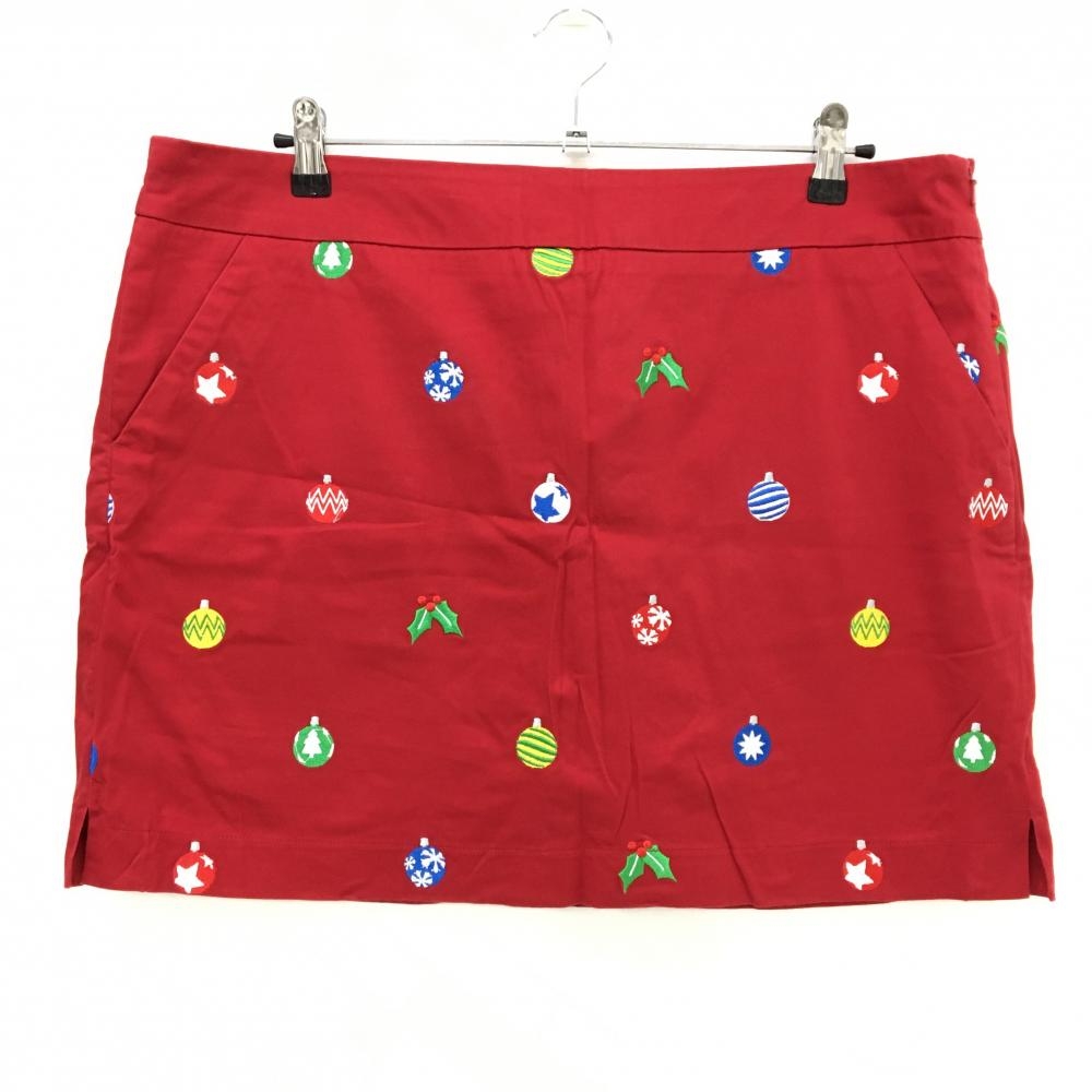 【美品】ラウドマウス スカート レッド×マルチカラー オーナメント総柄 刺しゅう レディース US14 ゴルフウェア 大きいサイズ LOUDMOUTH
