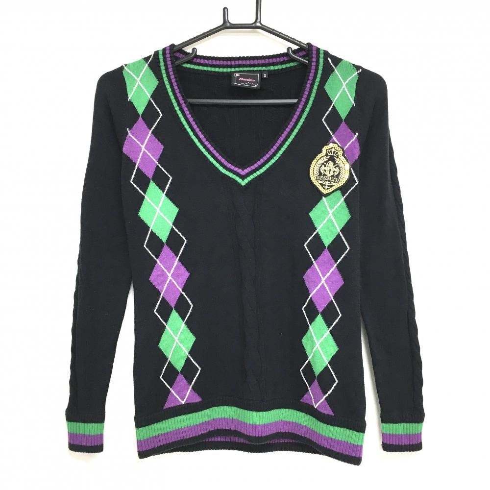 ラッセルノ セーター 黒×グリーン×パープル Vネック ケーブル編み ニット  レディース S ゴルフウェア RUSSELUNO