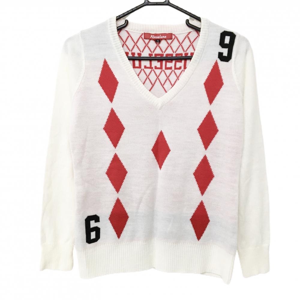 【超美品】ラッセルノ セーター 白×レッド ダイヤ柄 Vネック ニット レディース M ゴルフウェア RUSSELUNO