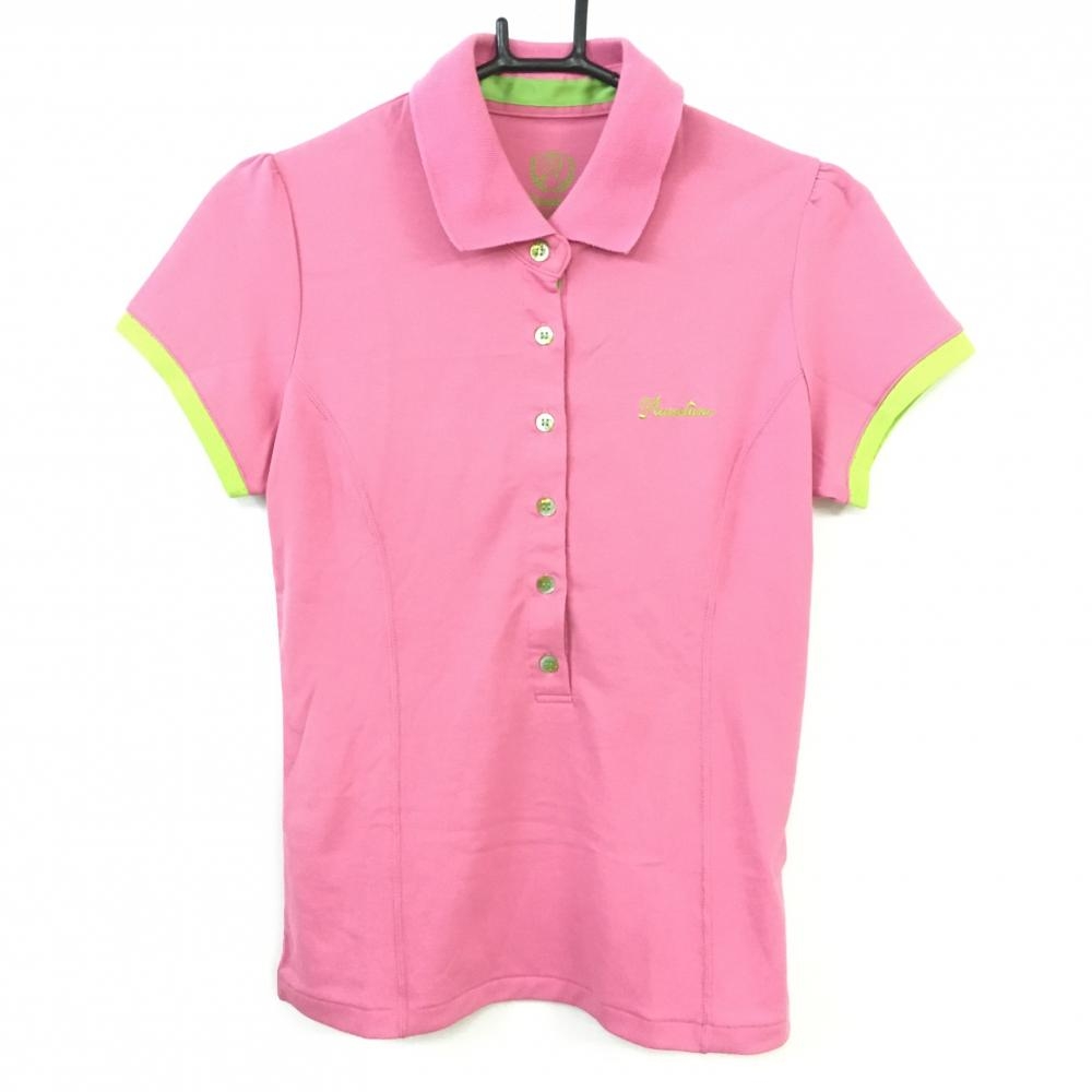 RUSSELUNO ラッセルノ 半袖ポロシャツ ピンク×ライトグリーン 袖口メッシュ バックビッグスカル レディース L ゴルフウェア
