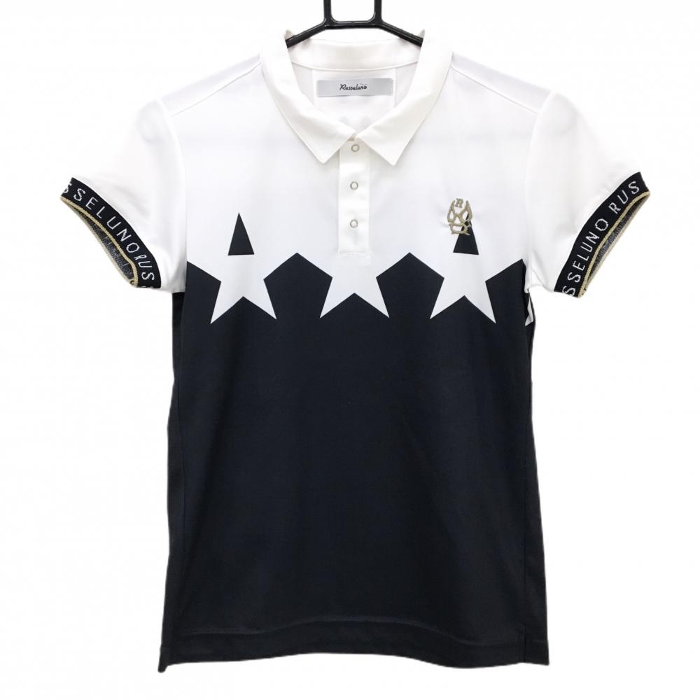 【超美品】ラッセルノ 半袖ポロシャツ 黒×白 胸元星柄 ルチャ スナップボタン レディース 0(S) ゴルフウェア RUSSELUNO