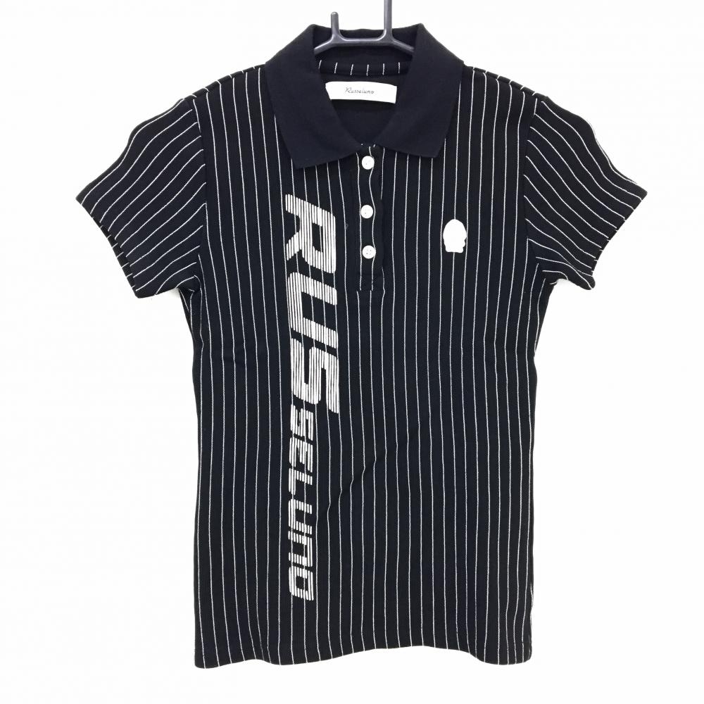 【超美品】ラッセルノ 半袖ポロシャツ 黒×白 背面ビッグルチャ ストライプ ストレッチ レディース 0(S) ゴルフウェア RUSSELUNO