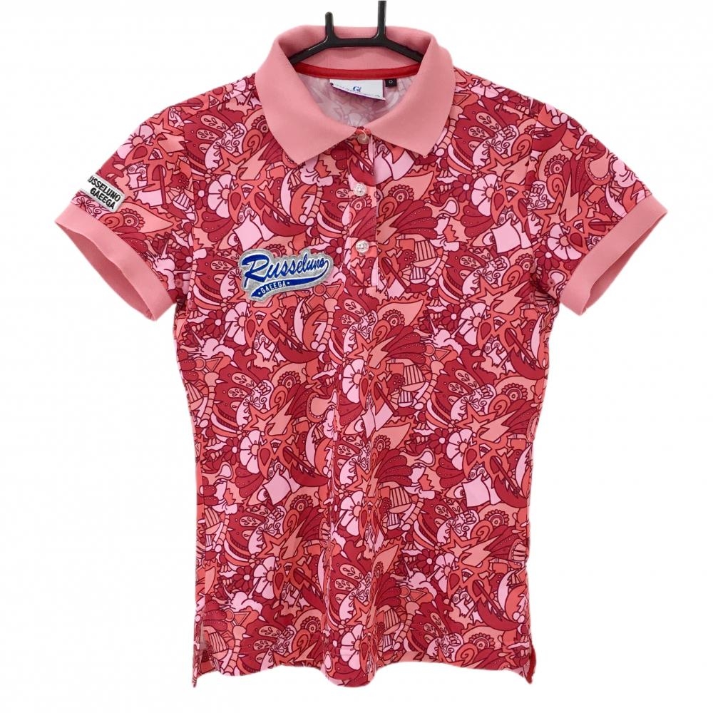 【新品】ラッセルノGAEEGA 半袖ポロシャツ ピンク×レッド 総柄 ワッペン レディース 0(S) ゴルフウェア RUSSELUNO