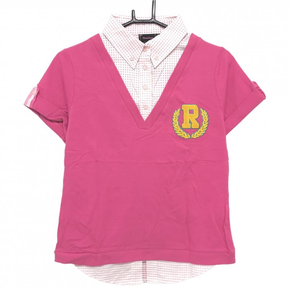 ラッセルノ 半袖ポロシャツ ピンク×白 重ね着風 ボタンダウン 一部 レディース L ゴルフウェア RUSSELUNO