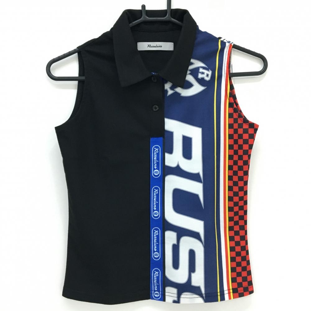 【超美品】ラッセルノ ノースリーブポロシャツ 黒×ネイビー 左半分総柄 ルチャ  レディース 0(S) ゴルフウェア RUSSELUNO