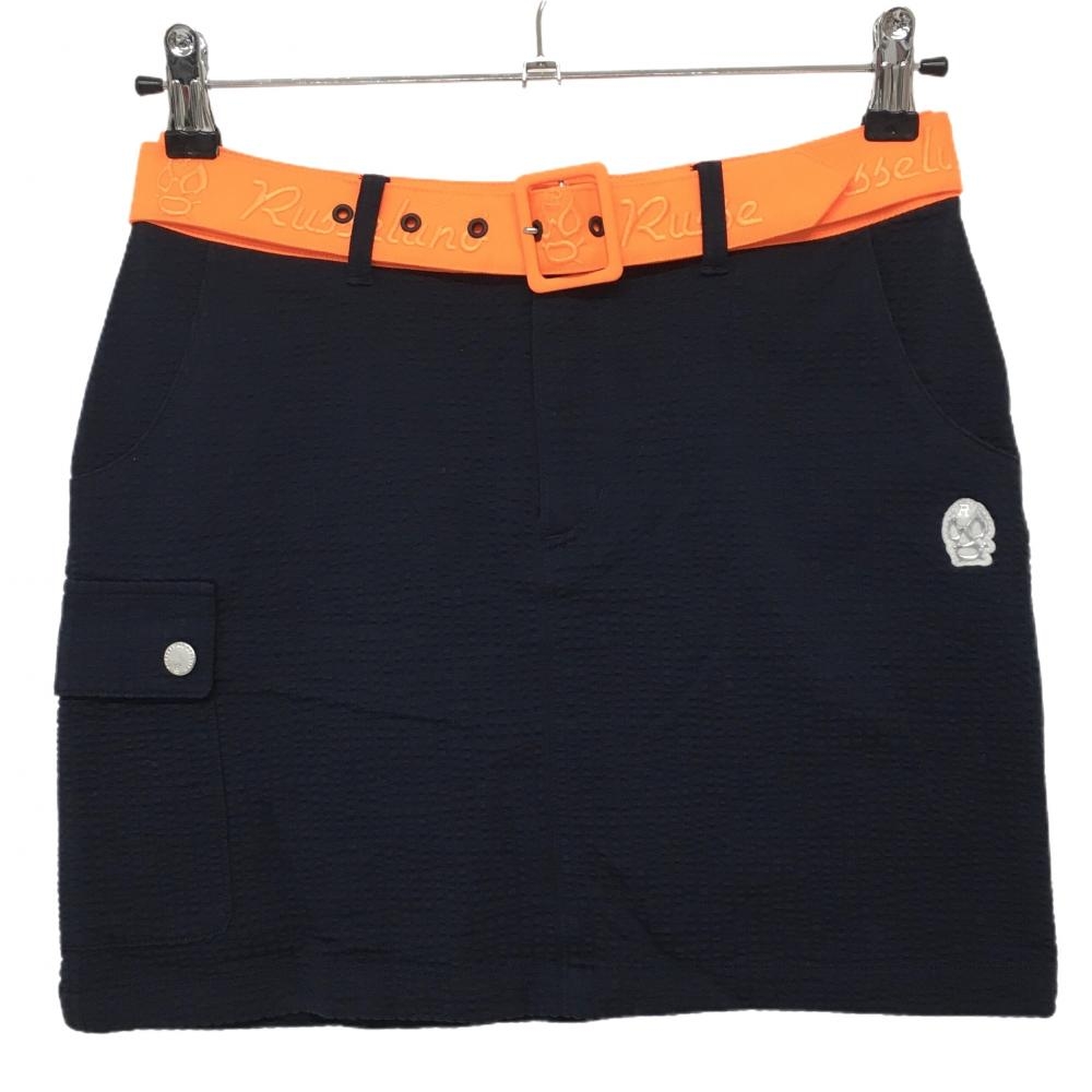 【超美品】ラッセルノ スカート ネイビー×オレンジ サッカー調生地 ベルト・インナーパンツ付 レディース 0(S) ゴルフウェア RUSSELUNO