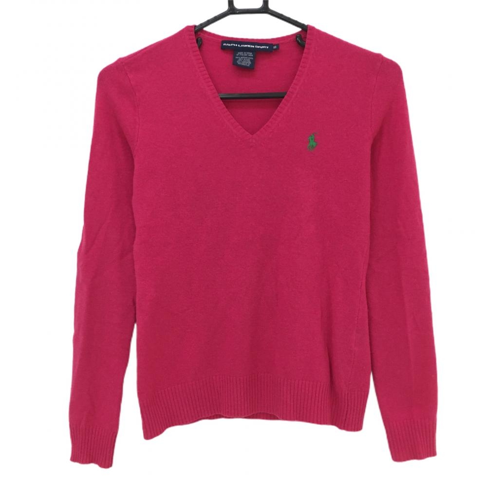 【美品】ラルフローレンスポーツ セーター ピンク ニット Vネック シンプル ウール混  レディース XS ゴルフウェア Ralph Lauren