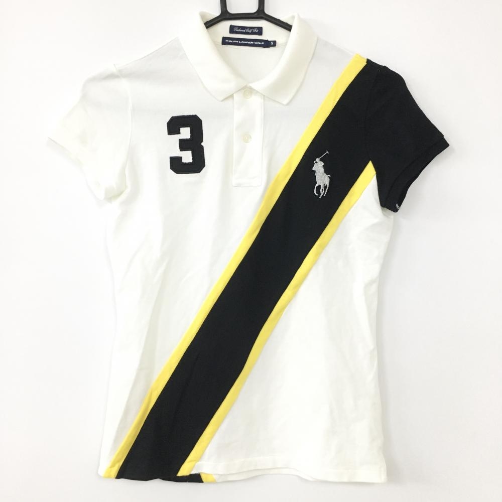 ラルフローレンゴルフ 半袖ポロシャツ 白×黒×イエロー ビッグポニー レディース S ゴルフウェア Ralph Lauren