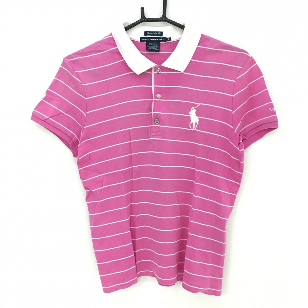 ラルフローレンゴルフ 半袖ポロシャツ ピンク×白 ボーダー ポニー刺しゅう  レディース L ゴルフウェア Ralph Lauren