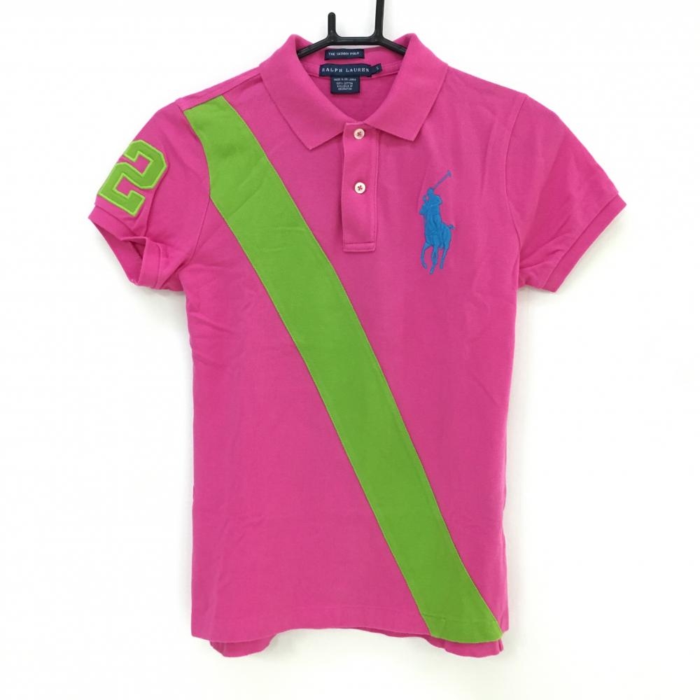 【超美品】ラルフローレン 半袖ポロシャツ ピンク×ライトグリーン ビッグロゴ刺しゅう  レディース S ゴルフウェア Ralph Lauren