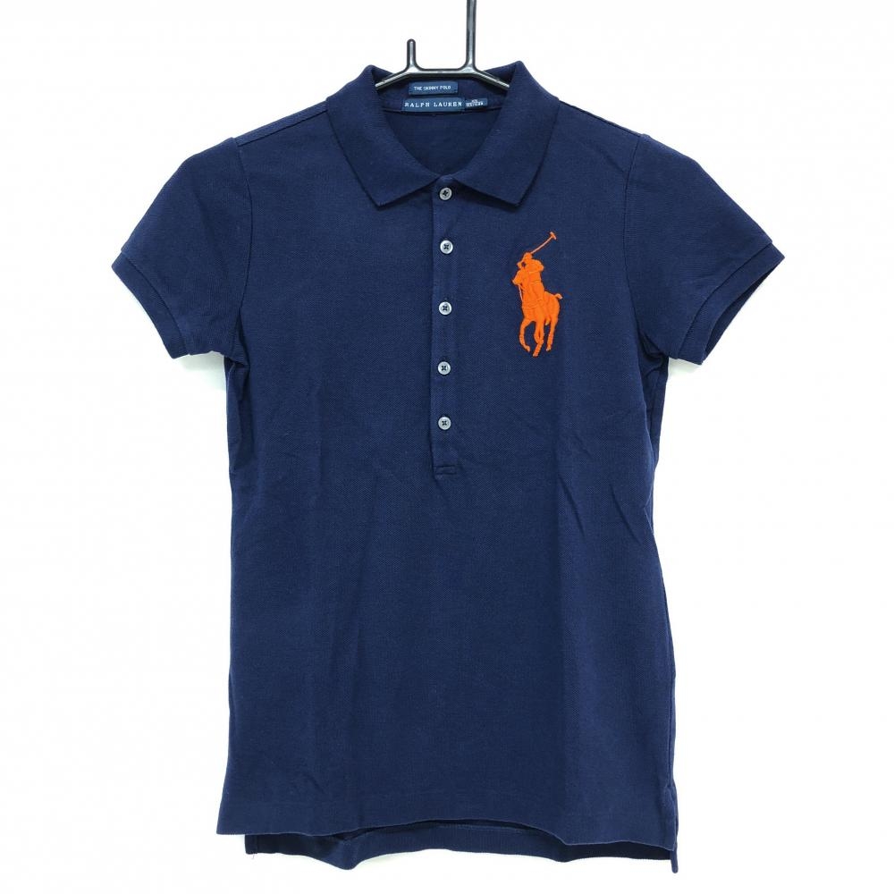 【美品】ラルフローレン 半袖ポロシャツ ネイビー×オレンジ ビックポニー レディース XS ゴルフウェア Ralph Lauren