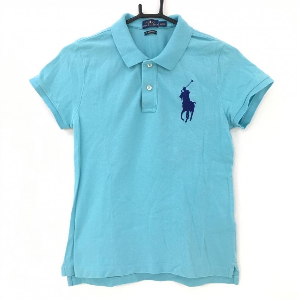 ポロ ラルフローレン 半袖ポロシャツ ブルー×ネイビー 胸元ビッグロゴ  レディース M ゴルフウェア Ralph Lauren
