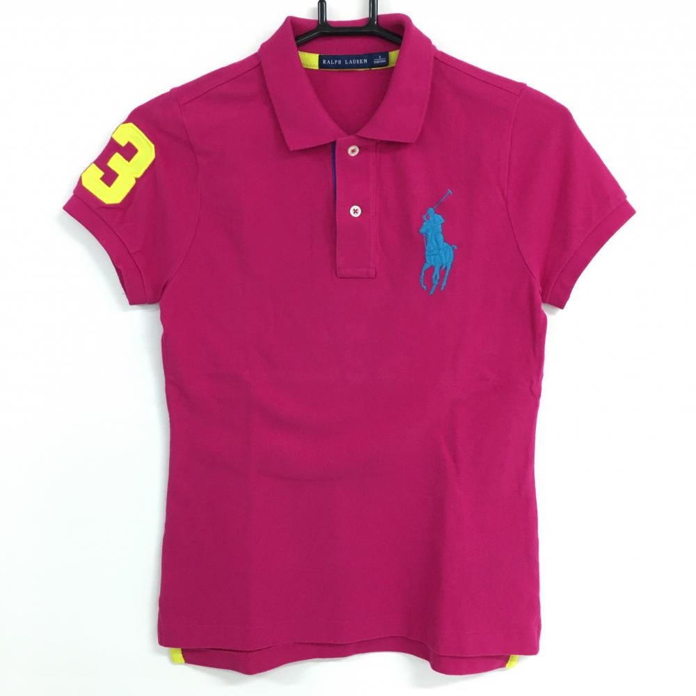 【超美品】ラルフローレン 半袖ポロシャツ ピンク×ライトブルー ビッグポニー レディース S ゴルフウェア Ralph Lauren
