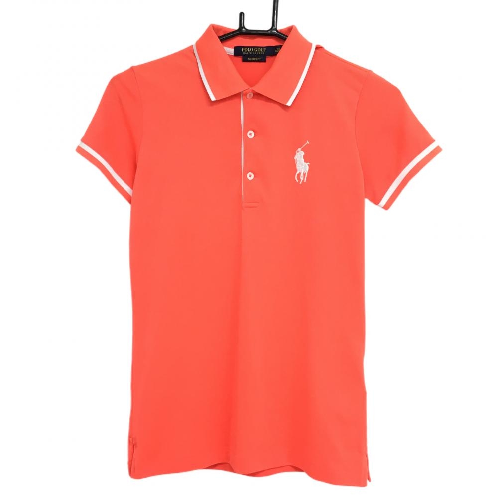 【超美品】ポロゴルフ ラルフローレン 半袖ポロシャツ ピンクオレンジ×白 レディース XS ゴルフウェア Ralph Lauren
