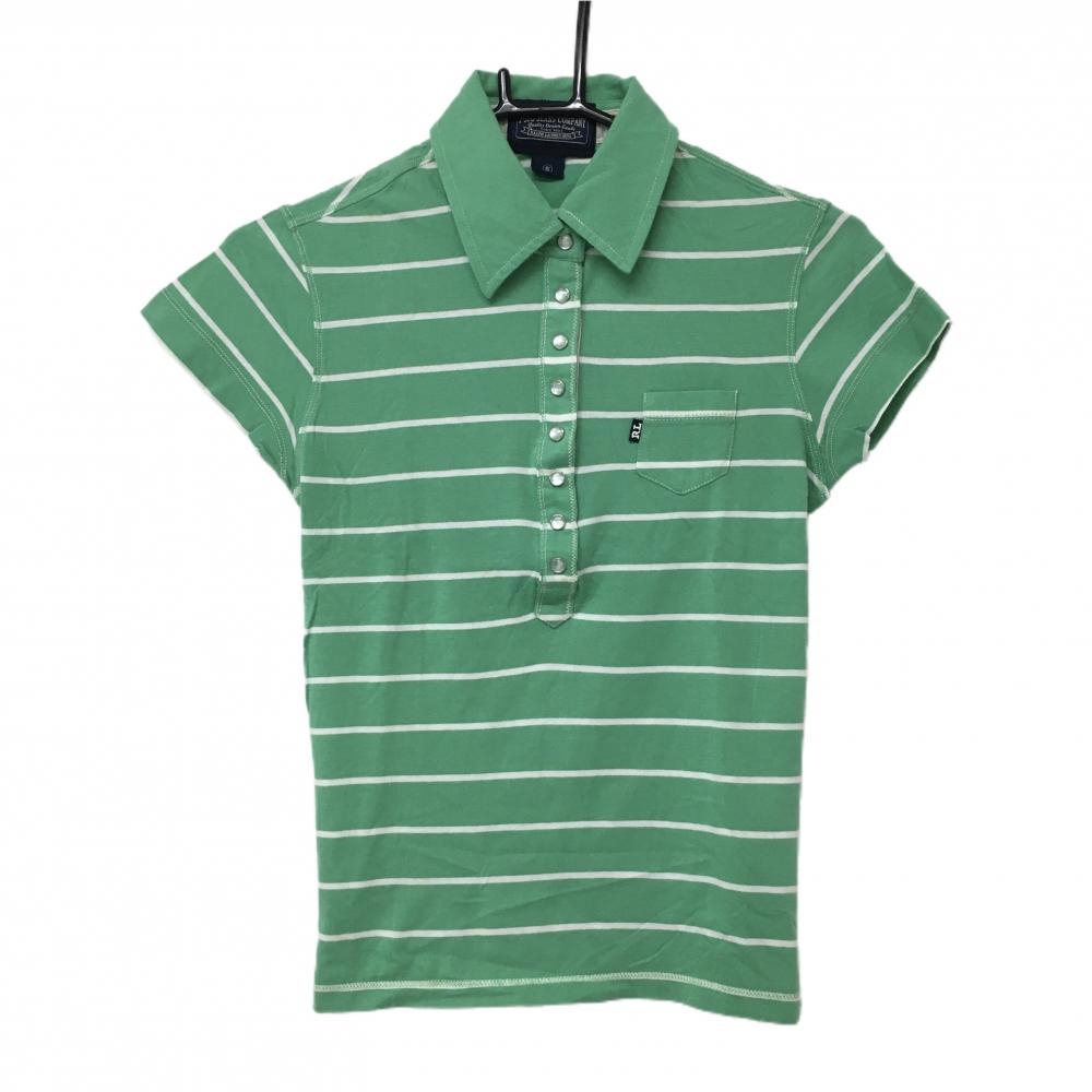 【美品】ポロジーンズラルフローレン 半袖ポロシャツ グリーン×白 ボーダー ストレッチ レディース S ゴルフウェア Ralph Lauren