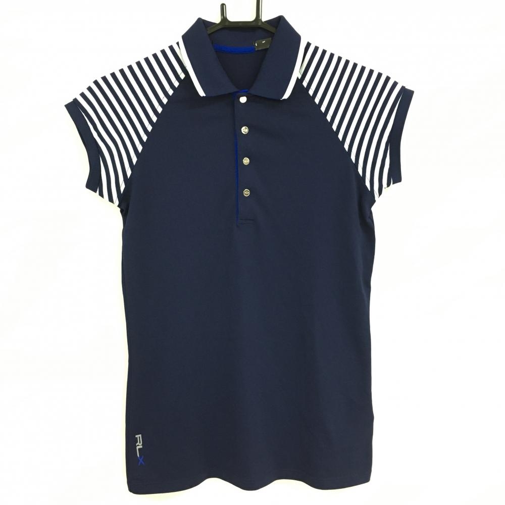 【美品】RLXラルフローレン 半袖ポロシャツ ネイビー×白 袖ストライプ  レディース サイズ表記なし ゴルフウェア Ralph Lauren