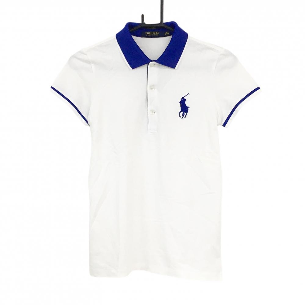 【超美品】ポロゴルフ ラルフローレン 半袖ポロシャツ 白×ブルー  レディース XS ゴルフウェア Ralph Lauren